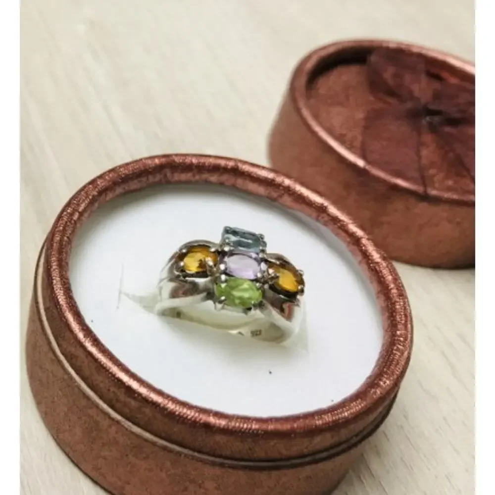 925 Sterling Silver Multi Gemstones Ring Size 6.5